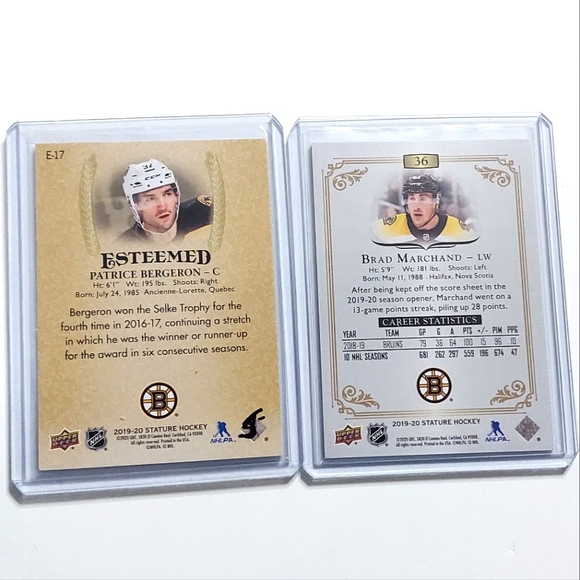 Brad Marchand & Patrice Bergeron Upper Deck Stature Base Card & Esteemed Insert - Picture 2 of 2